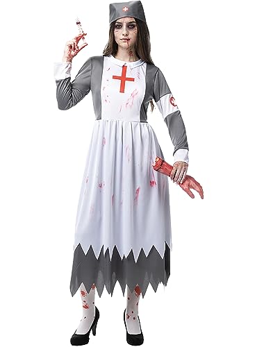 Funidelia | Zombie NonnenKrankenschwester Kostüm für Damen Untoter, Halloween, Horror - Kostüm für Erwachsene & Verkleidung für Partys, Karneval & Halloween - Größe XL - Grau/Silber von Funidelia
