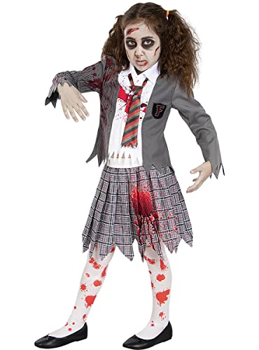 Funidelia | Zombie-Studentenkostüm mit Strumpfhosen für Mädchen Untoter, Halloween, Horror - Kostüm für Kinder & Verkleidung für Partys, Karneval & Halloween - Größe 7-9 Jahre - Grau/Silber von Funidelia