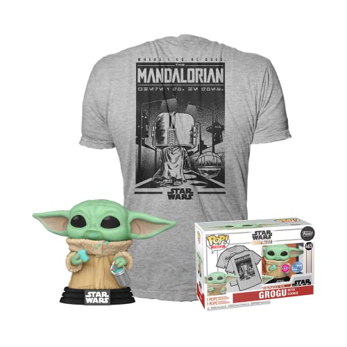 Funko Pop! & Tee: Mando - Grogu with Cookie (The Child, Baby Yoda) mit Cookie - Small - (S) - Star Wars The Mandalorian - T-Shirt - Kleidung mit Vinyl-Sammelfigur - Geschenkidee Für Erwachsene Männer von Funko