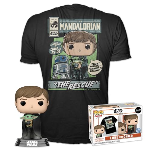 Funko Pop! & Tee: Mandalorian - Luke Skywalker mit Grogu (The Child, Baby Yoda) - Small - (S) - Star Wars: The Mandalorian - T-Shirt - Kleidung mit Vinyl-Sammelfigur - Geschenkidee Für Erwachsene von Funko