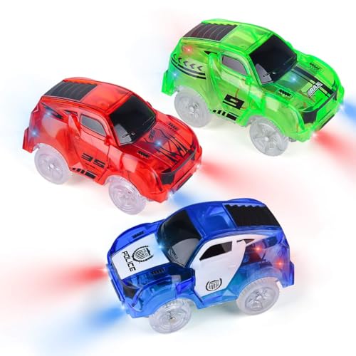 Funkprofi Spielzeugautos für Kinder ab 2 Jahre alt, 3 Pack Kinderspielzeug Auto Track Cars mit 5 LED Lichter Rennauto Rennwagen Leuchtender Elektrischer Eisenbahnwagen (Blau, Rot, Grün) von Funkprofi