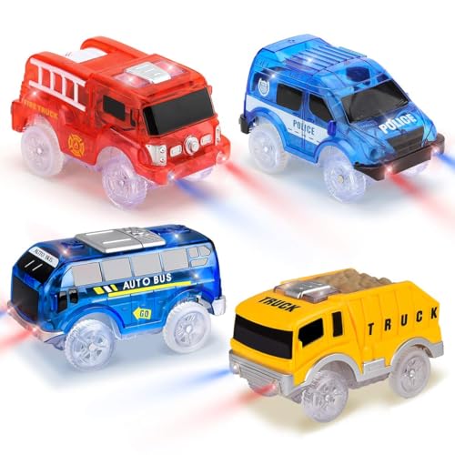 Funkprofi Spielzeugautos für Kinder ab 2 Jahre alt, 4 Pack Kinderspielzeug Auto Track Cars mit 5 LED Lichter Rennauto Blauer Bus + Gelber Abschleppwagen + Rotes Feuerwehrauto + Blaues Geländewagen von Funkprofi