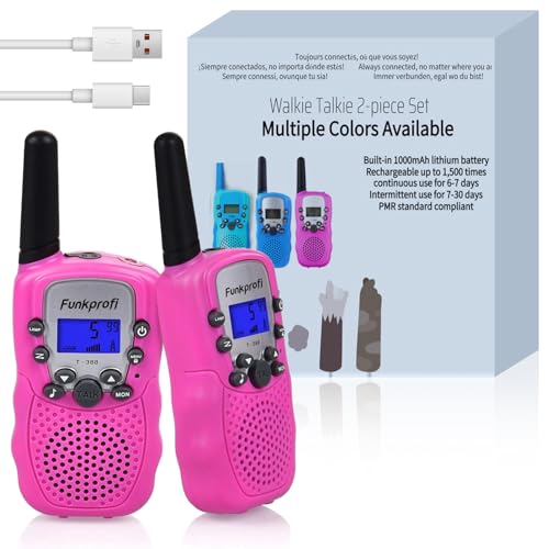 Funkprofi Walkie Talkie Set für Kids, T-388 Funkgerät für Kinder mit eingebautem 1000 mAh wiederaufladbarem Akku, Hobbyfunker 8 Kanal PMR 446, Reichweite bis 2-3 km (2er-Set) Rosa,Pink von Funkprofi