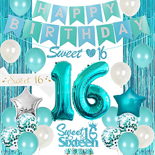 16. Geburtstag Dekorationen für Mädchen Teal Sweet 16 Geburtstagsfeier liefert alles Gute zum Geburtstag Banner Sweet 16 Schärpe Kuchendeckel Türkis Fransen Vorhang Nummer 16 Ballon von Funmemoir