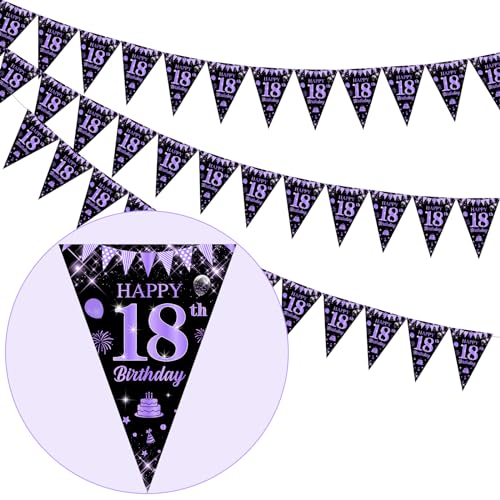 18. Geburtstag Dekorationen Schwarz und Lila – 3 Pack 18. Happy Birthday Wimpelkette Banner, 36 Stück 18. Geburtstag Wimpel, lila und schwarz Dreieck Flagge Banner für Mädchen Happy 18th Birthday von Funmemoir