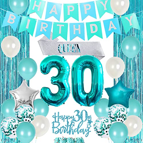 30. Geburtstag Dekorationen für Frauen Mädchen Teal - Queen Sash Happy Birthday Banner Cake Topper Nummer 30 Folienballon Folienvorhang für Türkis 30. Geburtstag Dekorationen Partybedarf 30. Geburtstag Dekorationen für Frauen Mädchen Teal - Queen Sash Happy Birthday Banner Cake Topper Nummer 30 Folienballon Folienvorhang für Türkis 30. Geburtstag Dekorationen Partybedarf von Funmemoir