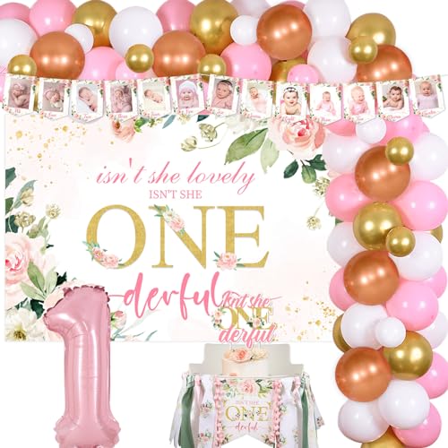 Ballonbogen für den ersten Geburtstag für Mädchen, Rosa / Weiß / Gold mit Aufschrift "Isn't She Lovely Isn't She Onederful", Blumen-Hintergrund für Hochstuhl, Dekoration von Funmemoir
