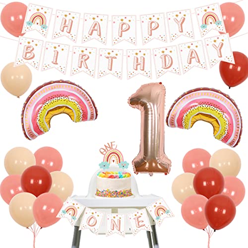 Boho 1. Geburtstag Dekorationen Mädchen - Boho Happy Birthday Banner, Regenbogen Folienballons, Hochstuhl Banner, Cake Topper, Nummer 1 Folienballon für Regenbogen Erste Geburtstagsdekorationen von Funmemoir