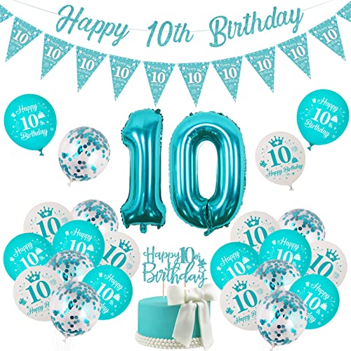 Dekorationen zum 10. Geburtstag für Mädchen Blaugrün Doppelstellige Geburtstag Party Supplies Türkis Happy 10th Birthday Wimpelkette Banner Kuchen Topper für 10 Jahre altes Mädchen Geburtstag Party von Funmemoir
