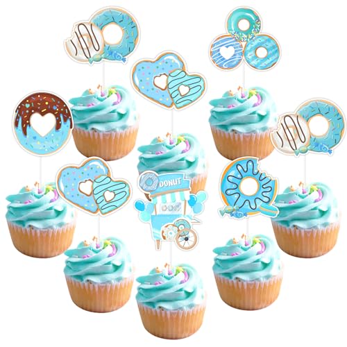 Donut-Cupcake-Topper, blaue Donut-Dekoration für Babypartys, Geburtstagsparty-Dekorationen für Jungen, Donut-Streuung, Babyparty, Grow up, Sweet One Two Sweet Motto-Party-Kuchendekorationen, 24 Stück von Funmemoir