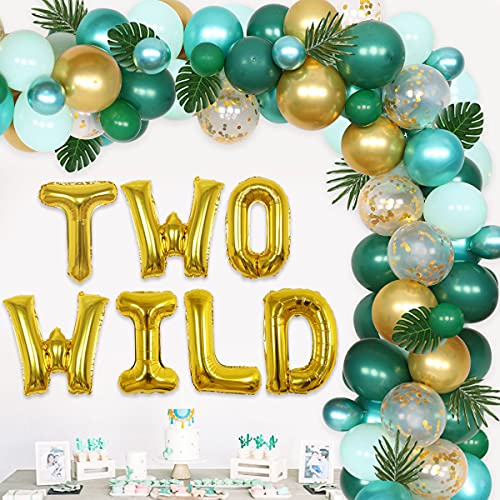 Dschungel-Thema 2. Geburtstag Dekorationen für Jungen, zwei wilde Geburtstags-Party-Dekorationen, Dschungel-Safari-Ballon-Girlande-Set grün und gold mit zwei wilden Folienballons Palmblätter von Funmemoir