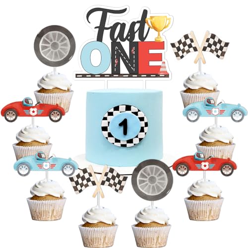 Funmemoir Fast One 1. Geburtstag Kuchenaufsatz, 25 Stück, Rennwagen-Thema, Rot, Schwarz, Weiß von Funmemoir