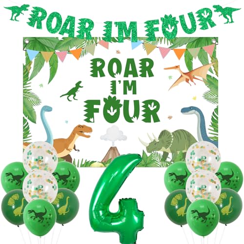 Funmemoir Dinosaurier 4. Geburtstag Dekorationen - Roar I'm Four Banner, Hintergrund, Druckballons, Nummer 4 Folienballon für Dinosaurier Four Ever Wild Geburtstag Party Dekorationen, Roar I'm 4 Party von Funmemoir