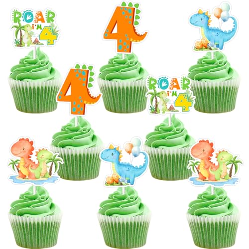 Funmemoir Dinosaurier-Dekoration zum 4. Geburtstag, Party-Dekorationen für Jungen, 36 Stück "Roar I'm Four" Cupcake-Topper, vier Rex-Dinosaurier-Dschungel-Themen-Geburtstagstortendekorationen für 4 Funmemoir Dinosaurier-Dekoration zum 4. Geburtstag, Party-Dekorationen für Jungen, 36 Stück "Roar I'm Four" Cupcake-Topper, vier Rex-Dinosaurier-Dschungel-Themen-Geburtstagstortendekorationen für 4 von Funmemoir