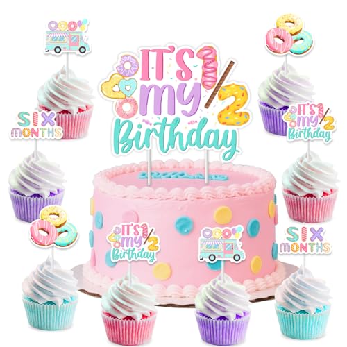 Funmemoir Donut-Dekoration zum halben Geburtstag – 1 It's My 1/2 Kuchenaufsatz & 24 Cupcake-Aufsätze, süße 6 Monate Party-Dekoration für Mädchen, Donut Sechs Monate 1/2 halber Geburtstag Party von Funmemoir