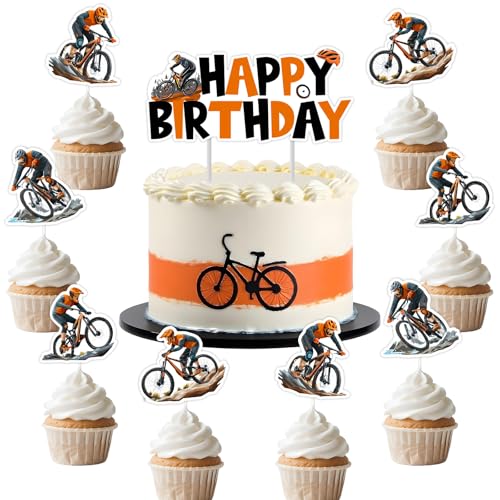 Funmemoir Fahrrad-Geburtstagsdekorationen – Happy Birthday Tortenaufsatz und 24 doppelseitige Cupcake-Aufsätze, Fahrrad-Kuchendekorationen für Jungen, Männer, Extremsport, BMX, Radfahren von Funmemoir
