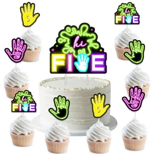 Funmemoir High Five Geburtstagsparty-Dekorationen in Neonfarben, 25 Stück, Hi-Five-Kuchenaufsätze und Cupcake-Topper, Let's Glow Handabdruck, offiziell eine Handvoll 5. Geburtstag von Funmemoir