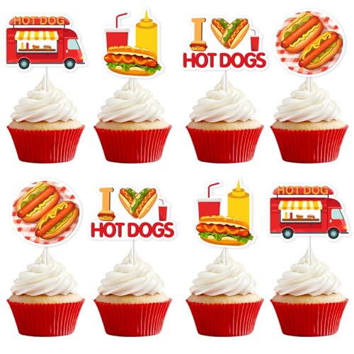 Funmemoir Hot Dog-Party-Dekorationen – 36 Stück Cupcake-Topper, Fast-Food-Themenparty-Dekorationen für Hot Dog-Bar, Grill, Wurst, Geburtstag, Babyparty und Junggesellinnenabschiede von Funmemoir