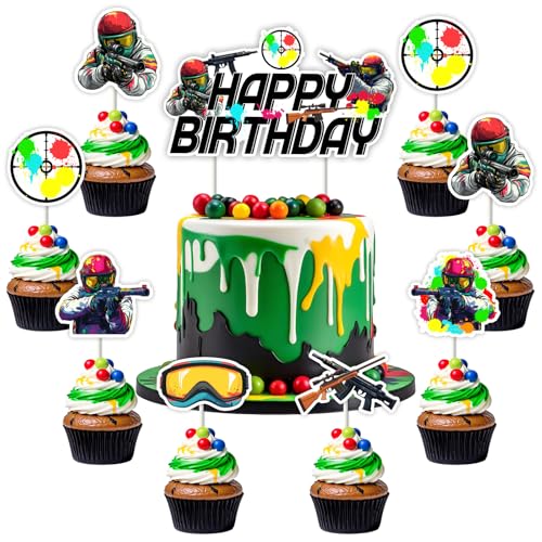 Funmemoir Paintball-Geburtstagsparty-Dekorationen, 25 Stück, Happy Birthday-Kuchenaufsätze und Paintball-Cupcake-Topper, Pistolenschießspiel, Farbspritzer, Regenbogen-Thema Funmemoir Paintball-Geburtstagsparty-Dekorationen, 25 Stück, Happy Birthday-Kuchenaufsätze und Paintball-Cupcake-Topper, Pistolenschießspiel, Farbspritzer, Regenbogen-Thema von Funmemoir