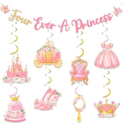 Funmemoir Prinzessin 4. Geburtstag Dekorationen – Four Ever A Princess Geburtstagsparty-Banner mit 8 hängenden Wirbeln für Schlosskrone, königliche 4-jährige Party Funmemoir Prinzessin 4. Geburtstag Dekorationen – Four Ever A Princess Geburtstagsparty-Banner mit 8 hängenden Wirbeln für Schlosskrone, königliche 4-jährige Party von Funmemoir