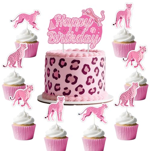 Funmemoir Rosa Geparden-Druck Geburtstagsdekorationen – Happy Birthday Tortenaufsatz und 24 Stück doppelseitige Cupcake-Topper, rosa Geparden-Kuchendekorationen für Mädchen und Frauen von Funmemoir