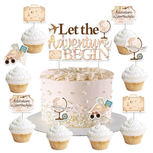 Funmemoir Vintage Reise-Party-Kuchenaufsatz-Set – Let the Adventure Begin, Bon Voyage, Travel Around the World, Thema Kuchendekoration für Geburtstag, Babyparty, Ruhestand, Abschiedsparty von Funmemoir