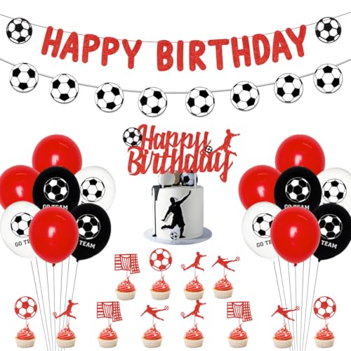 Fußball Geburtstag Dekorationen Rot und Weiß, Fußball Happy Birthday Banner Rot, Fußball Girlande, Fußball Thema Kuchen Cupcake Topper, Fußball Geburtstag Party Dekorationen für Jungen Fußballfans von Funmemoir