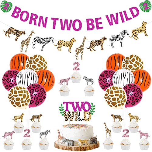 Jungle Theme 2nd Party Supplies for Girls, Two Wild Pink Safari Birthday Decorations include Born Two Be Wild Banner Animal Print Ballons Girlande Pink Cheetah Cupcake Cake Toppers von Funmemoir