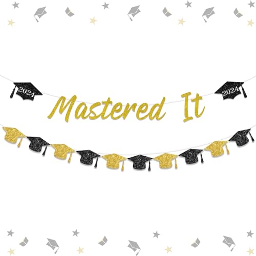 Mastered It Banner für Abschlussdekorationen, Abschlusskappe Banner, schwarz und gold Abschlussdekorationen für Master-Abschluss, Klasse 2024 Congrats Grade Graduation Party Supplies von Funmemoir