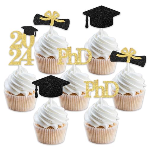 PHD Graduation Decorations 2024, 36 Pcs PHD Cupcake Toppers, Black and Gold Graduation Party Decorations, Congrats Grade Decorations for Class of 2024 PHD Doctor Degree Graduation Supplies von Funmemoir