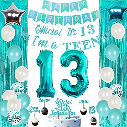 Party-Dekoration für Mädchen zum 13. Geburtstag, türkis, Fransenvorhang, Zahl 13, Folienballon von Funmemoir