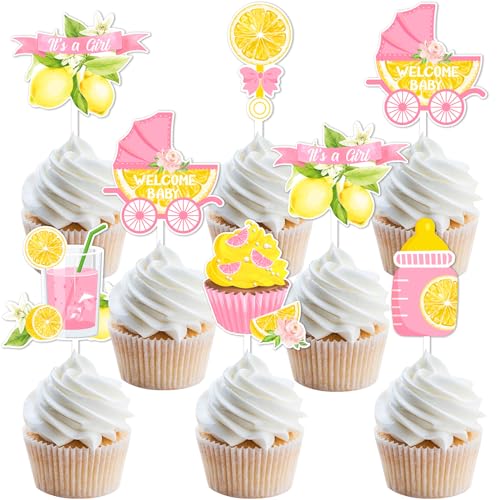 Rosa Zitrone Babyparty-Dekorationen – 24 Stück Zitronen-Cupcake-Topper, rosa und gelbe Limonaden-Baby-Party-Dekorationen für Mädchen, Zitronenkuchen-Dekorationen für Zitronen-Baby-Party, von Funmemoir