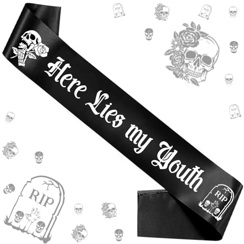 Schwarze Dekoration zum 30. Geburtstag für sie - Here Lies My Youth Schärpe, Death to My Twenties Beerdigung 30. Geburtstag Party Dekorationen, Rip to My 20s Death to My Youth Geburtstagsparty-Zubehör von Funmemoir
