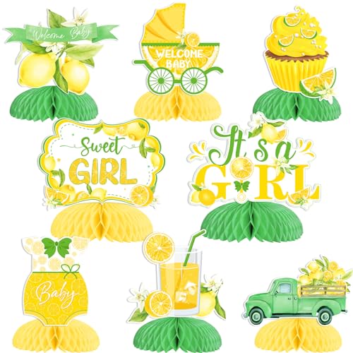 Zitronen-Baby-Party-Dekorationen – 8 Stück Zitronen-Baby-Party-Waben-Tafelaufsätze, Limonaden-Baby-Party-Dekorationen für Mädchen, Zitronen-Tischdekorationen für Mädchen, Babyparty, Gender Reveal von Funmemoir