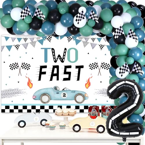 Zwei schnelle Geburtstagsdekorationen Junge Vintage - Ballongirlande Kit mit zwei schnellen Hintergrund, 2 Foliennummer Ballon, Rennwagenflaggen, Retro Let's Go Racing 2. Geburtstag Party Supplies von Funmemoir