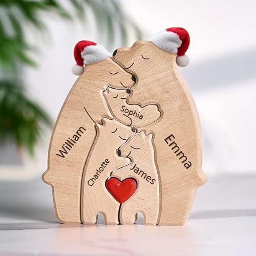 Personalisiertes Holzkunstpuzzle der Baumfamilie mit 1-8 Namen, Holz Bär Skulpturen Desktop Tischdekoration Haus Dekor Ornament, Weinachtes Geschenke für Familie, Holzpuzzle für Mama, Papa von Funmii