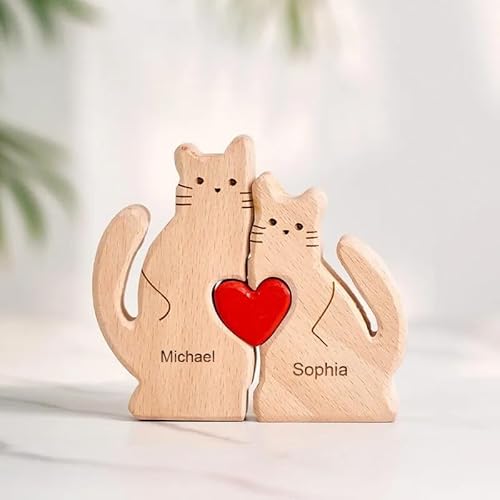 Personalisiertes Holzkunstpuzzle der Katzenfamilie mit 1-8 Namen, Holz Bär Skulpturen Desktop Tischdekoration Haus Dekor Ornament, Weinachtes Geschenke für Familie, Holzpuzzle für Mama, Papa von Funmii