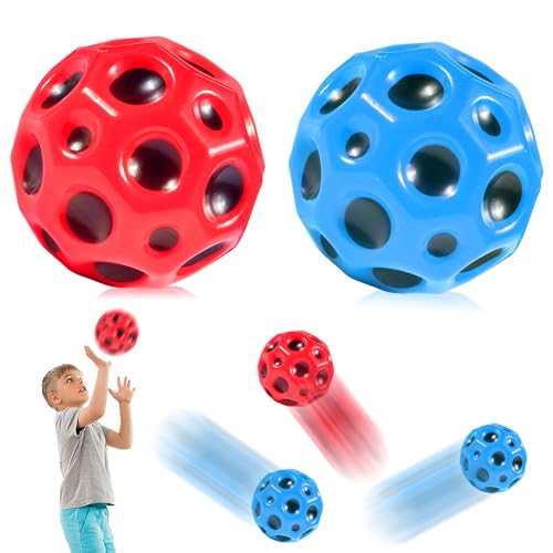 2 Stück Astro Jump Ball, 7cm Durchmesser Mond Ball, hohe Sprünge Gummiball, Raum Thema Bouncy Balls, Mini Bouncing Ball Spielzeug, Planet Bouncing Balls für Kinder (Blue+Red) von Funmo