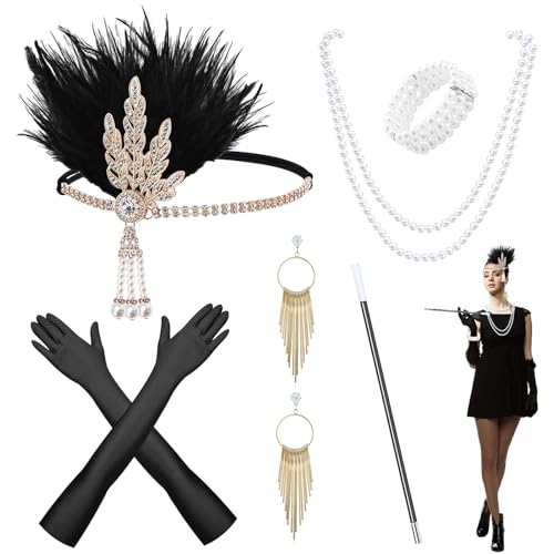 Funmo 20er Jahre Accessoires,1920er Gatsby Accessoires Damen,1920s Kostüm Damen,1920er Jahre Kleidungs Set einschließlich Stirnband Halskette Handschuhe Ohrringe Armband Requisiten Set von Funmo