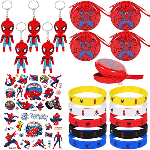 Funmo 22 Stück Party Mitgebsel Kinder Beinhaltet Spiderman Silikon Armbänder,Spiderman Tattoo Set,Schlüsselanh,Geldbörse Spiderman für Kinder,Superhelden Geburtstagsdeko Partyzubehör Spielzeug von Funmo
