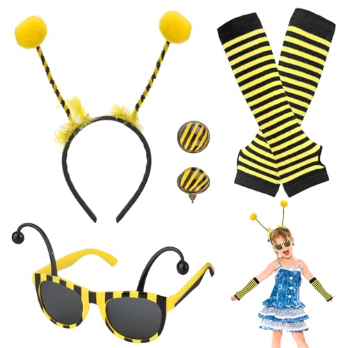 Funmo 4 Stück Bienen Kostüm, Bienenkostüm Erwachsene, Fingerlose Handschuhe Damen, Biene Brille mit Fühlern, Bienen Kostüm für Kinder Mädchen Karneval Kostüm Cosplay, Bienen-Themenpartys von Funmo