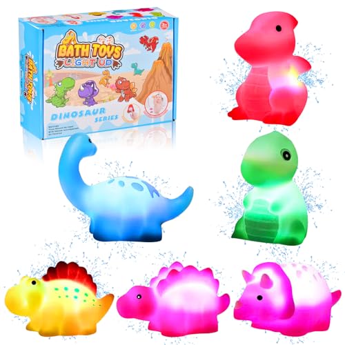 Funmo 6 Stück Dinosaurier Badewannen Spielzeug Baby, LED Dinosaurier Badespielzeug Kinder, Dinosaurier Schwimmendes Badewanne Spielzeug, Badespielzeug Baby für Kinder Jungen Mädchen von Funmo