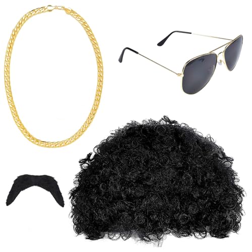 Funmo 4er Set Herren Perücke 70er, Afro Perücke Braun Karneval Kostüm Herren Perücke Herren Sonnenbrille Halskette Bart 70er 80er Jahre Outfit Hippie Perücke Herren von Funmo