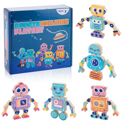 Funmo BauklöTze Holz，Montessori Spielzeug，Konstruktionsspielzeug，Montessori Spielzeug Ab 1 Jahr，Holz-Roboter-Spielzeug，Feinmotorik Konstruktionsspielzeug Mit Buttons（Geeignet Ab 12 Monaten） von Funmo