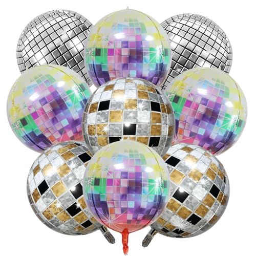 Funmo Disco Folienballon, 9 Stück Bunte Discokugel Luftballons Helium Ballon, 22 Zoll 4D Disco Party Deko Ballons, 70er 80er 90er Retro Disco Hip Hop Themenparty Dekoration von Funmo