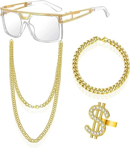 Funmo Hip Hop Kostüm Kit 4 Stück Rapper Set,Hip Hop Halskette Ring Armband Brille, Ring Retro Sonnenbrillen Armband Zuhälter Kostüm Hip Hop Schmuck Accessories für Fasching & Karneval von Funmo