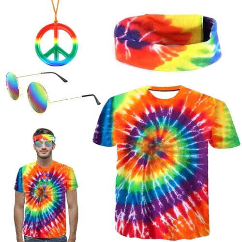 Funmo Hippie-Kostüm für Herren und Damen,70er Hippie Kostüm Set,Hippie Accessories Hippie T-Shirt Brille Peace Halskette Stirnband für 60er 70er 80er Party Verkleiden Zubehörse von Funmo