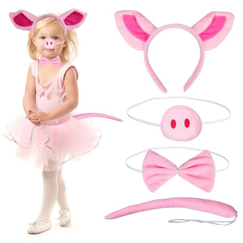 Schwein Kostüm Mädchen, 4-teiliges Mädchen Kostüm Pig mit Schwein Ohren Nasen Schwanz und Fliege, geeignet für Kinder Party Mädchen Größe 2 bis 9 Jahre von Funmo