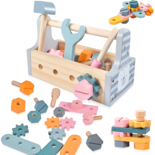 Funmo Werkzeugkoffer Kinder, Montessori Spielzeug,Holzspielzeug Werkzeugkasten ab 2 3 4 5 Jahre,Werkzeugkasten Lernspiele,Geschenk für Jungs oder Mädchen von Funmo