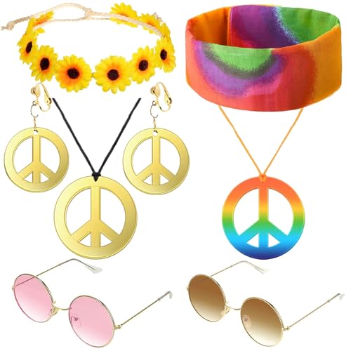 Hippie Kostüm Set,8 Retro Hippie Accessoires für Damen und Herren,Peace Zeichen Halskette Halskette und Ohrringe,Sonnenblumen und Buntes Hippie Stirnband,60er/70er Jahre Hippie Party Kleidung Zubehör von Funmo